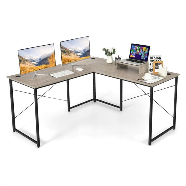 Computer skrivebord, 95 tommer 2-personers L-formet Langt Vendbart Computer Skrivebord med Monitorstander, 95x24x29 tommer, Grå