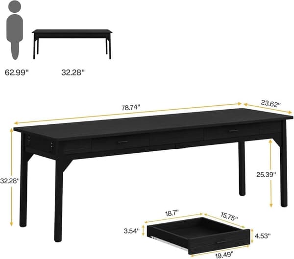 Tribesigns-tietokonepöytä, tuplapitkä työpöytä, 200 x 60 x 82 cm, työpöytä, teollinen tyyli