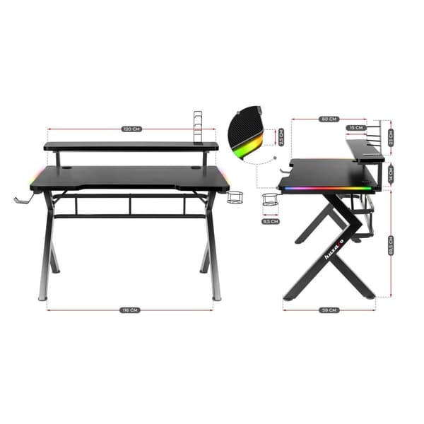 Skrivbord Gaming Huzaro HZ-Hero 5.0 RGB Svart Stål Kolfiber 116 x 69,5 x 59 cm