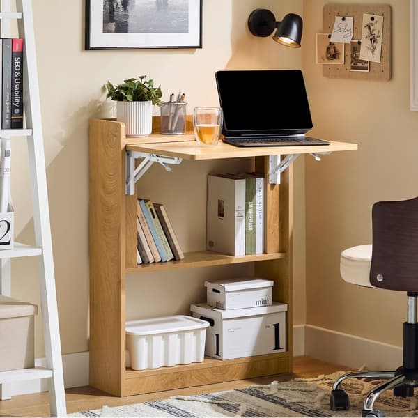 SoBuy Fällbart skrivbord med hyllor – Perfekt för små utrymmen | 63x58x82cm Natur FWT92-N