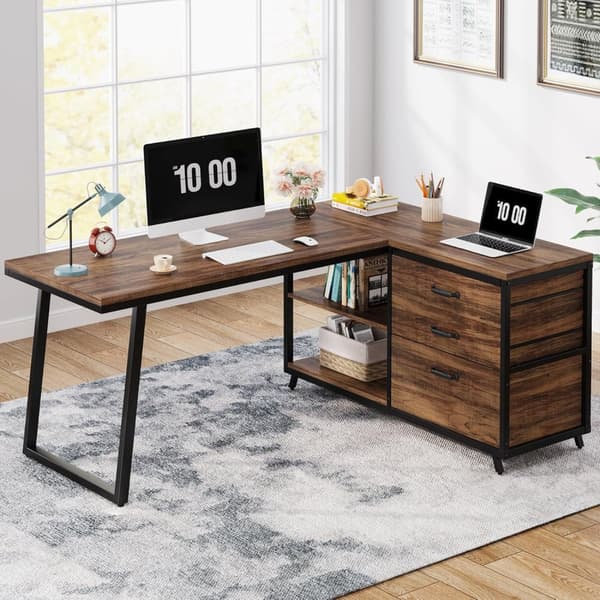 Tribesigns Datorbord, L-format Hörnskrivbord med 3 Lådor, Arbetsstation, 135 x 100 x 75 cm
