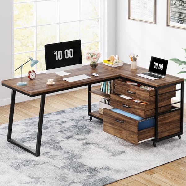 Tribesigns Datorbord, L-format Hörnskrivbord med 3 Lådor, Arbetsstation, 135 x 100 x 75 cm
