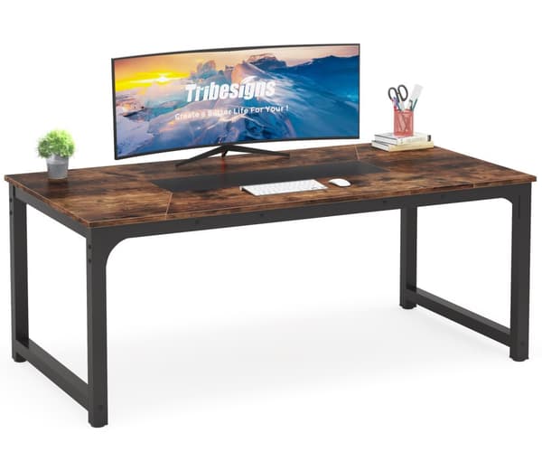 Tribesigns tietokonepöytä, työpöytä, 180 x 90 x 77 cm, työpöytä, teollinen tyyli, rustiikkinen ruskea ja musta