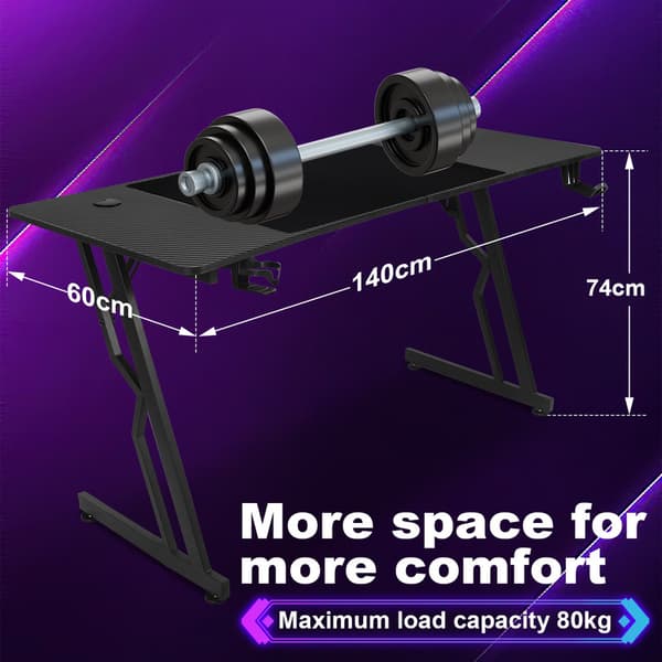 Gamingbord 140 x 60 cm, Gamingbord med kolfiberskiva, Ergonomiskt spelbord, Svart