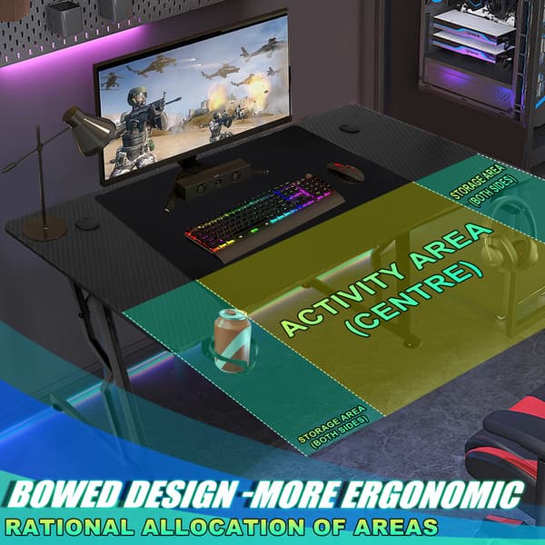 Gamingbord 140 x 60 cm, Gamingbord med kolfiberskiva, Ergonomiskt spelbord, Svart