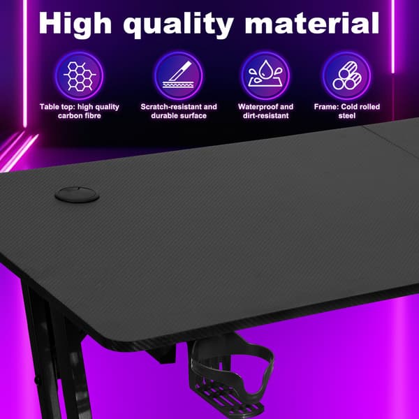 Gamingbord 140 x 60 cm, Gamingbord med kolfiberskiva, Ergonomiskt spelbord, Svart