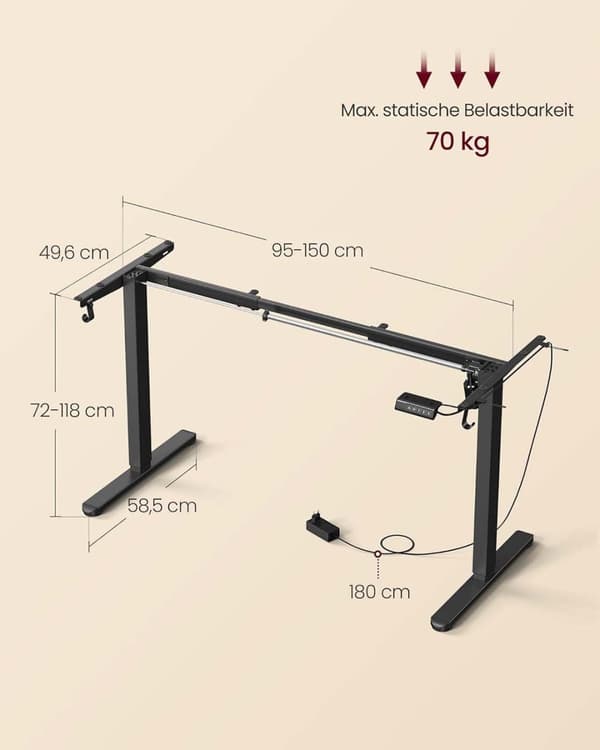 Rootz höjdjusterbar skrivbordsram - elektriskt stående skrivbord - sit -standdisk bas - tyst drift - 58,5 x (80-150) x (72-118) cm