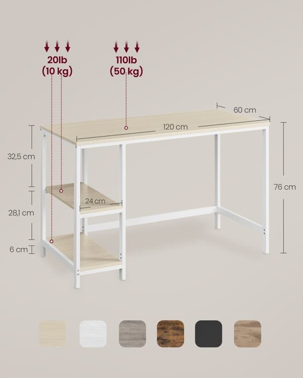 Rootz träskrivbord med 2 hyllor - kontorsbord - arbetsstation - rymdbesparande - 60 cm x 120 cm x 76 cm