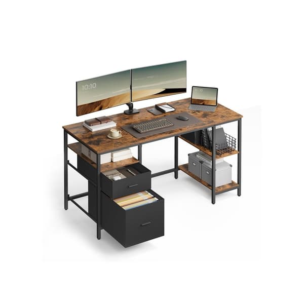 Rootz Computer Table - Work Desk - Study Desk - Vintage Brown -Black - 3 hyllor & 2 lådor - Träflipplatta & stål - 60x140x76cm
