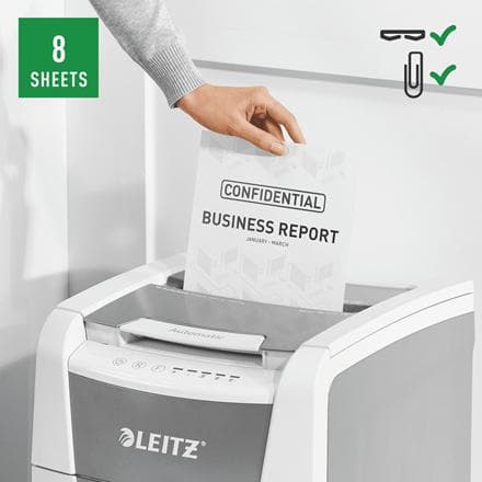 Leitz IQ Autofeed 100 Silent Paperinsilppuri P-4-silppurit, joissa on juuttumisenestotekniikka koti-/kotityöpaikalle - Syöttää jopa 100 A4-arkkia - Si