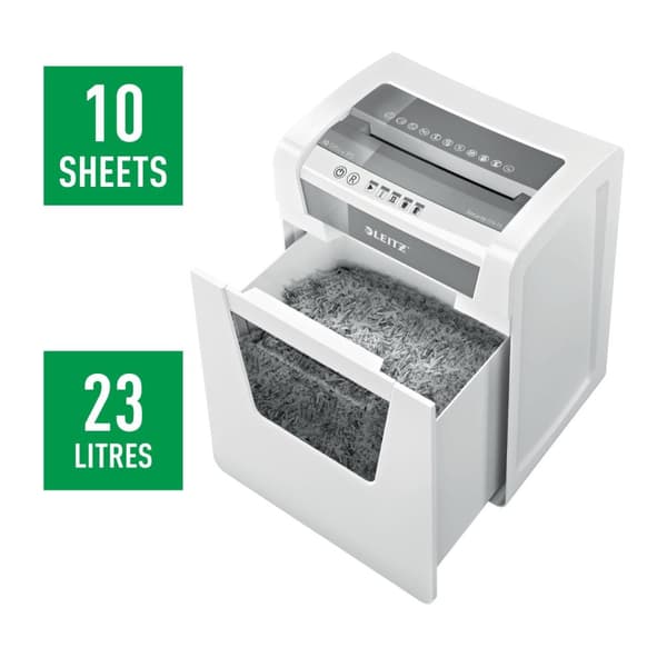 Leitz IQ Office -silppurit, mikroleikkaus, turvataso P5, kapasiteetti 10 arkkia, 23 litran jäteastia, silppuri, valkoiset ja Amazonin perustiedot - Si