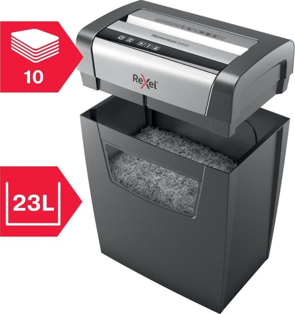 Rexel Silent Paperinsilppuri Momentum X410 kotitoimistoon / kotityöpaikalle - P-4 silppuria - Syöttää jopa 10 A4-arkkia - Silppua asiakirjat niiteillä