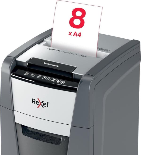 Rexel Optimum AutoFeed+ 150X Whisper Quiet Paperinsilppuri jumiutumisenestotekniikalla kotitoimistoon/kotityöpaikalle - P-4-silppuri - jopa 150 arkkia