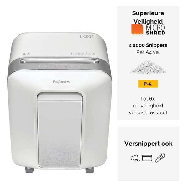 Fellowes-paperisilppuri LX201, 12 arkkia, P5-mikrosilppuri, valkoinen