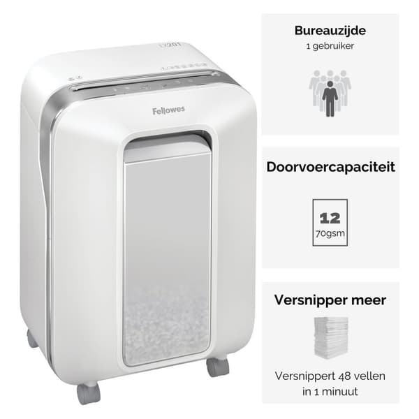 Fellowes-paperisilppuri LX201, 12 arkkia, P5-mikrosilppuri, valkoinen