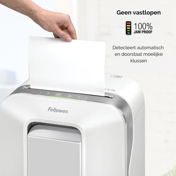 Fellowes-paperisilppuri LX201, 12 arkkia, P5-mikrosilppuri, valkoinen