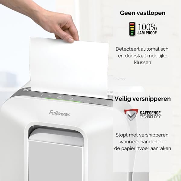 Fellowes-paperisilppuri LX201, 12 arkkia, P5-mikrosilppuri, valkoinen