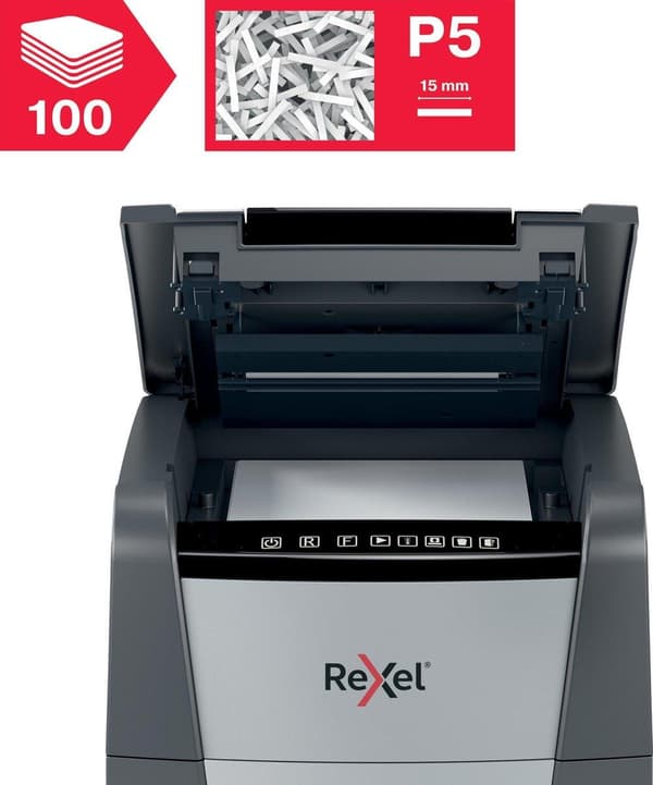 Rexel Optimum AutoFeed+100M Whisper Quiet Paperinsilppuri juuttumisenestotekniikalla kotityöpaikalle - P-5 mikrosilppuri - jopa 100 arkkia - Silppua a