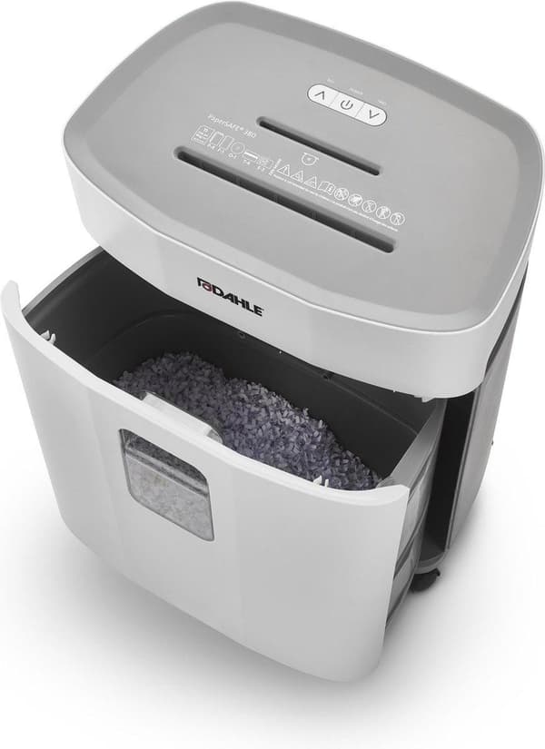 Dahle® PaperSAFE 380 - Paperisilppuri - 4x12 mm silppuri - 25 litran keräilyalusta - Arkkeja enintään 8 kpl - P4 - Pankkikorttien niittejä paperiliitt