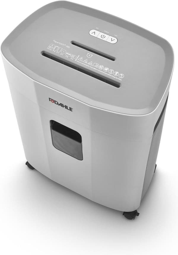 Dahle® PaperSAFE 380 - Paperisilppuri - 4x12 mm silppuri - 25 litran keräilyalusta - Arkkeja enintään 8 kpl - P4 - Pankkikorttien niittejä paperiliitt