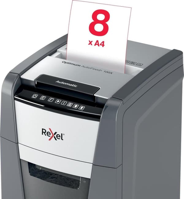 Rexel Optimum AutoFeed+ 100X Whisper Quiet Paperinsilppuri jumiutumisenestotekniikalla kotityöpaikalle - P-4-silppuri - Syöttää jopa 100 arkkia - Silp