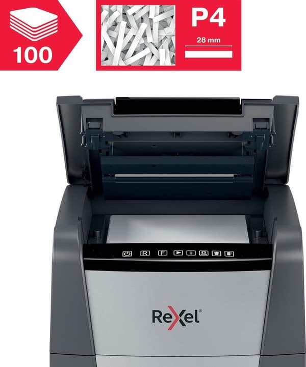Rexel Optimum AutoFeed+ 100X Whisper Quiet Paperinsilppuri jumiutumisenestotekniikalla kotityöpaikalle - P-4-silppuri - Syöttää jopa 100 arkkia - Silp