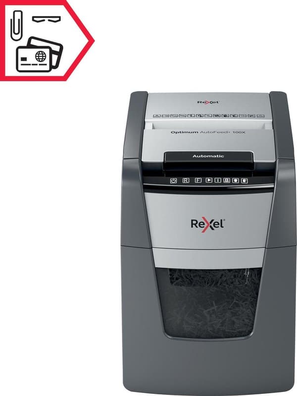 Rexel Optimum AutoFeed+ 100X Whisper Quiet Paperinsilppuri jumiutumisenestotekniikalla kotityöpaikalle - P-4-silppuri - Syöttää jopa 100 arkkia - Silp