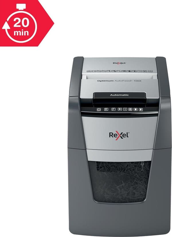 Rexel Optimum AutoFeed+ 100X Whisper Quiet Paperinsilppuri jumiutumisenestotekniikalla kotityöpaikalle - P-4-silppuri - Syöttää jopa 100 arkkia - Silp