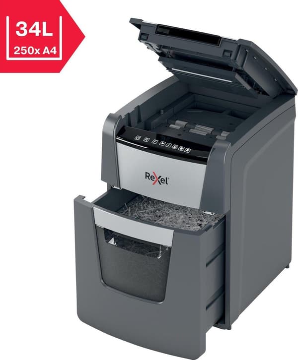 Rexel Optimum AutoFeed+ 100X Whisper Quiet Paperinsilppuri jumiutumisenestotekniikalla kotityöpaikalle - P-4-silppuri - Syöttää jopa 100 arkkia - Silp