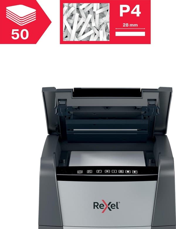 Rexel Optimum AutoFeed+ 50X Whisper Quiet Paperinsilppuri juuttumisenestotekniikalla kotitoimistoon/kotityöpaikalle - P-4-silppurit - Syöttää jopa 50