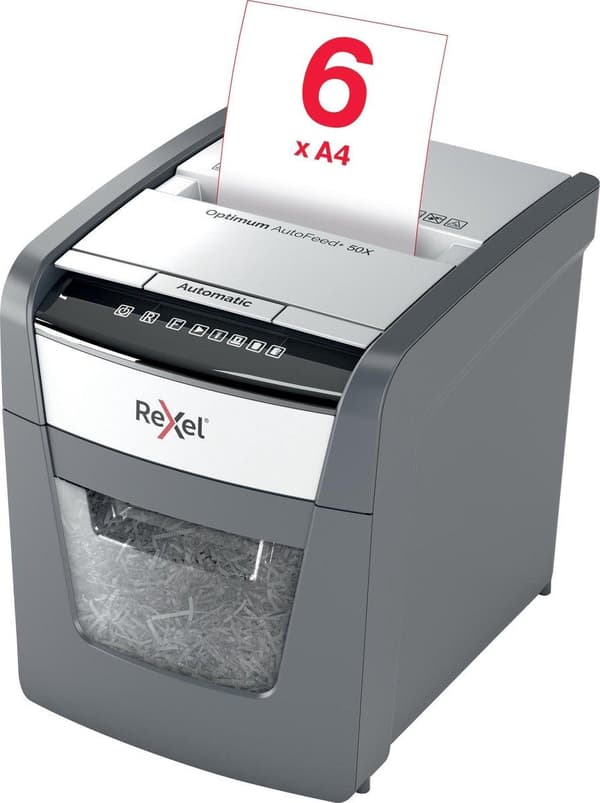 Rexel Optimum AutoFeed+ 50X Whisper Quiet Paperinsilppuri juuttumisenestotekniikalla kotitoimistoon/kotityöpaikalle - P-4-silppurit - Syöttää jopa 50