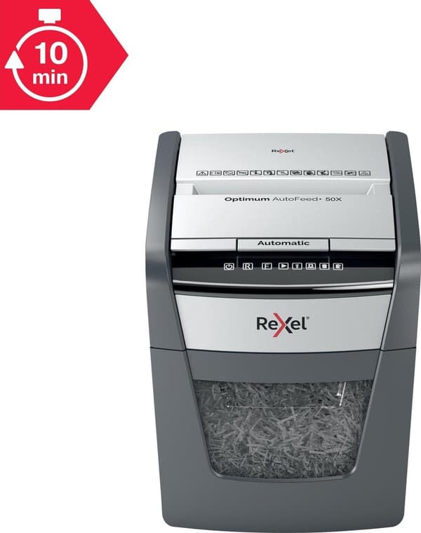 Rexel Optimum AutoFeed+ 50X Whisper Quiet Paperinsilppuri juuttumisenestotekniikalla kotitoimistoon/kotityöpaikalle - P-4-silppurit - Syöttää jopa 50