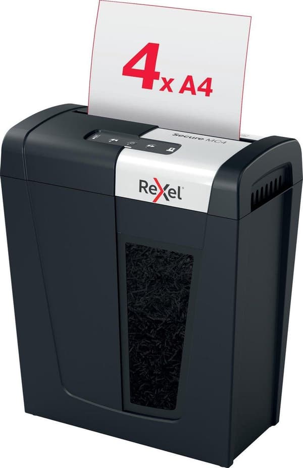 Rexel Secure MC4 Whisper hiljainen koti-/kotitoimistopaperisilppuri - P-5 mikrosilppuri - Syöttää jopa 4 arkkia - Silppua asiakirjoja, luottokortteja,