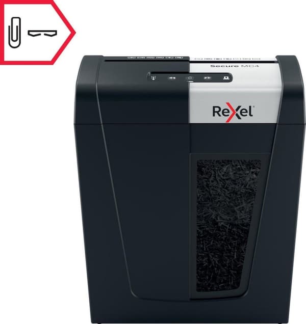 Rexel Secure MC4 Whisper hiljainen koti-/kotitoimistopaperisilppuri - P-5 mikrosilppuri - Syöttää jopa 4 arkkia - Silppua asiakirjoja, luottokortteja,