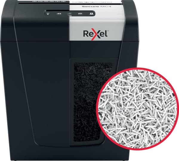 Rexel Secure MC4 Whisper hiljainen koti-/kotitoimistopaperisilppuri - P-5 mikrosilppuri - Syöttää jopa 4 arkkia - Silppua asiakirjoja, luottokortteja,