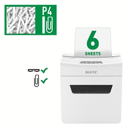 Leitz IQ Protect Premium 6X Silent Paperinsilppuri P-4 Koti-/Kotityöpistesilppurit - Syötä jopa 6 arkkia - 10 litran lokero - Valkoinen