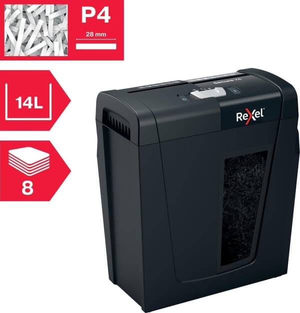 Rexel Secure X8-SL Whisper Hiljainen koti-/kotitoimistosilppuri - P-4 silppuri - Syöttää jopa 8 arkkia - Silppua asiakirjoja, niittejä ja paperiliitti