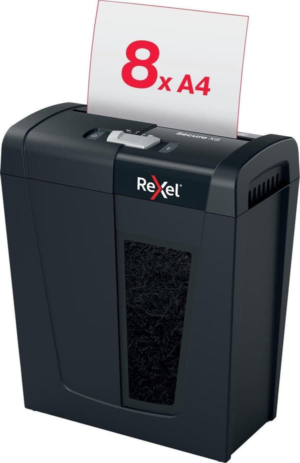 Rexel Secure X8-SL Whisper Hiljainen koti-/kotitoimistosilppuri - P-4 silppuri - Syöttää jopa 8 arkkia - Silppua asiakirjoja, niittejä ja paperiliitti