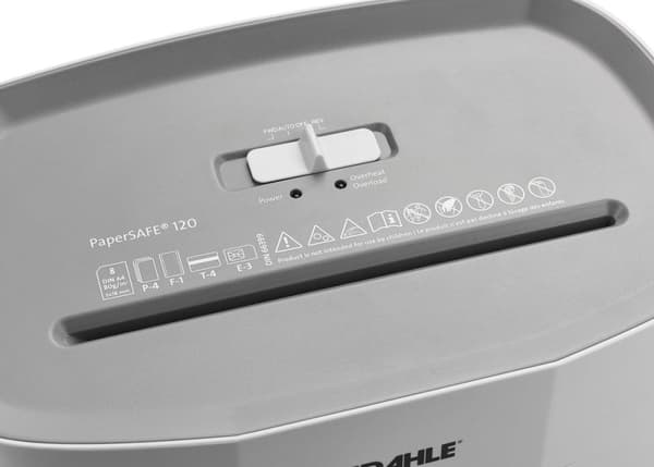 Dahle® PaperSAFE 120 - Paperinsilppuri - 5x18 mm siru - 12L keräilyalusta - Arkkeja max per 8 - P4 - Nidotat pankkikortit paperiliittimet