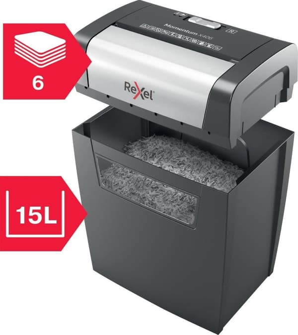 Rexel Momentum X406 P4 Koti/Koti Työpaikka Paperinsilppuri - Syöttää jopa 6 A4-arkkia - Silppua asiakirjoja, niittejä ja paperiliittimiä - 15 litran a