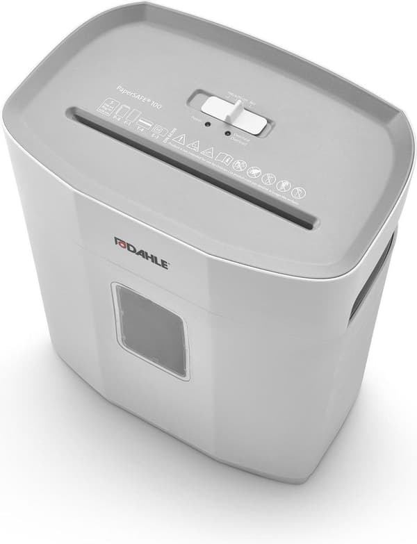 Dahle® PaperSAFE 100 - Paperinsilppuri - 5x18 mm siru - 12L keräilyalusta - Arkkeja enintään 5 kpl - P4 - Niittejä pankkikortteja paperiliittimiä