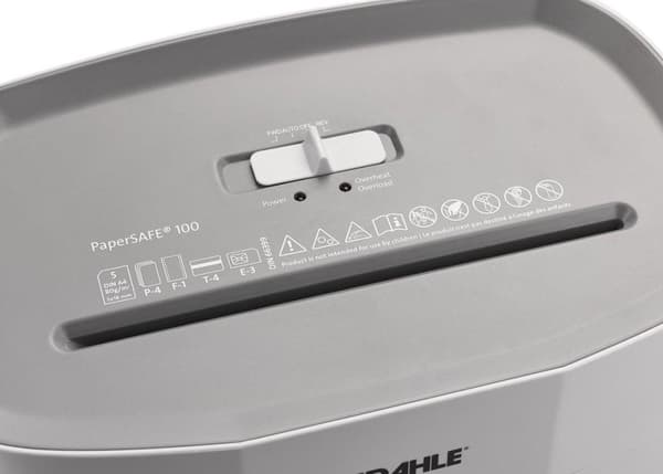 Dahle® PaperSAFE 100 - Paperinsilppuri - 5x18 mm siru - 12L keräilyalusta - Arkkeja enintään 5 kpl - P4 - Niittejä pankkikortteja paperiliittimiä