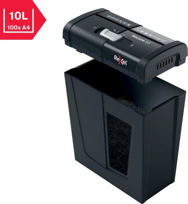 Rexel Secure S5 Silent Koti-/työpaperisilppuri - P-2 nauhat - Syöttää jopa 5 arkkia - Silppua asiakirjoja, niittejä ja paperiliittimiä - 10 litran säi