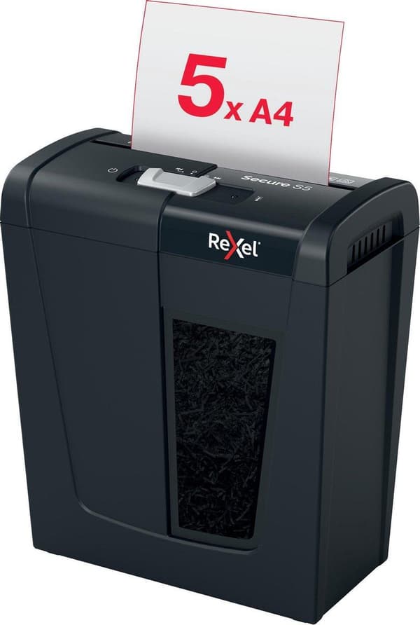 Rexel Secure S5 Silent Koti-/työpaperisilppuri - P-2 nauhat - Syöttää jopa 5 arkkia - Silppua asiakirjoja, niittejä ja paperiliittimiä - 10 litran säi