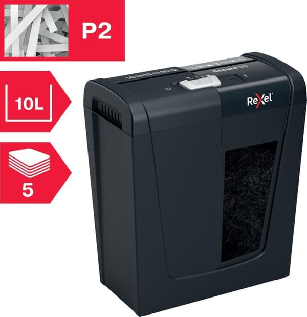 Rexel Secure S5 Silent Koti-/työpaperisilppuri - P-2 nauhat - Syöttää jopa 5 arkkia - Silppua asiakirjoja, niittejä ja paperiliittimiä - 10 litran säi