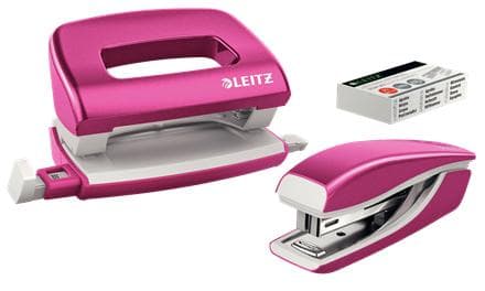 Leitz WOW Metal Mini hæftemaskine og hulningssæt - Inkluderer hæfteklammer - Pink Metallic - Ideel til hjemmekontor/hjemmearbejdsplads