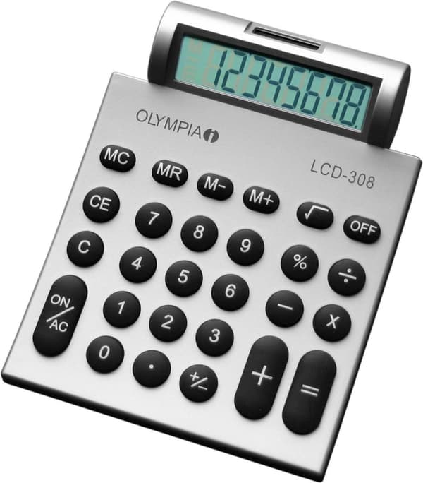OLYMPIA LCD 308 lommeregner sølv 1-linje 8-cifret display kvadratrodsprocent GT-hukommelsesfunktion batteri-soldrift (941911007)