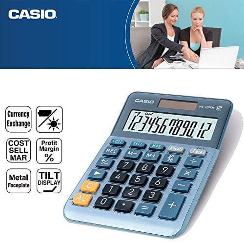 CASIO MS-120EM Desktop Lommeregner, 12-cifret, Valutaomregning, Pris/Sælg/Margin, Aluminium Front, Solar/Batteri drevet