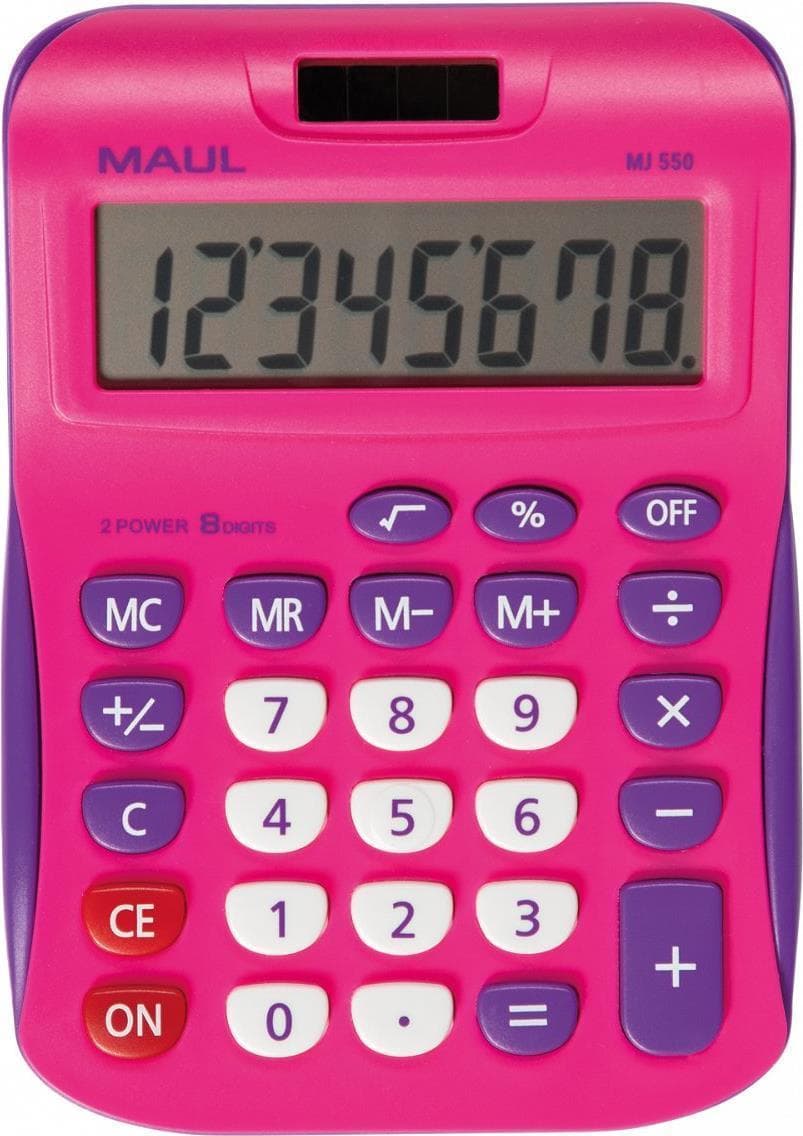 MAUL MJ 550. Formfaktor: Fick, Typ: Displaykalkylator. Siffror: 8 siffror, textrader: 1 rad. Lagringsregister: 3. Energikälla: uppladdningsbart batter