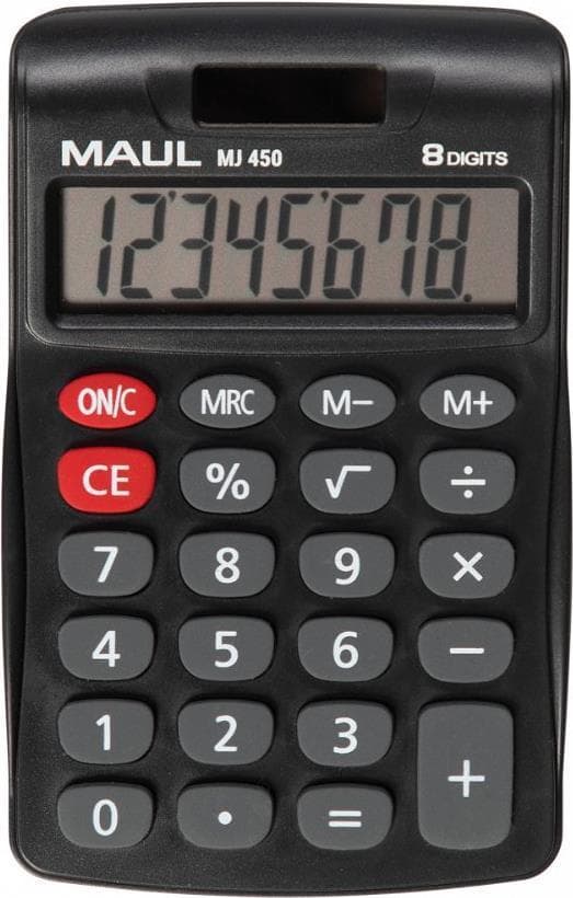 MAUL MJ 450. Formfaktor: Lomme, Type: Displayberegner. Cifre: 8 cifre, tekstlinjer: 1 linje. Lagerregister: 3. Energikilde: genopladeligt batteri. Far Sort